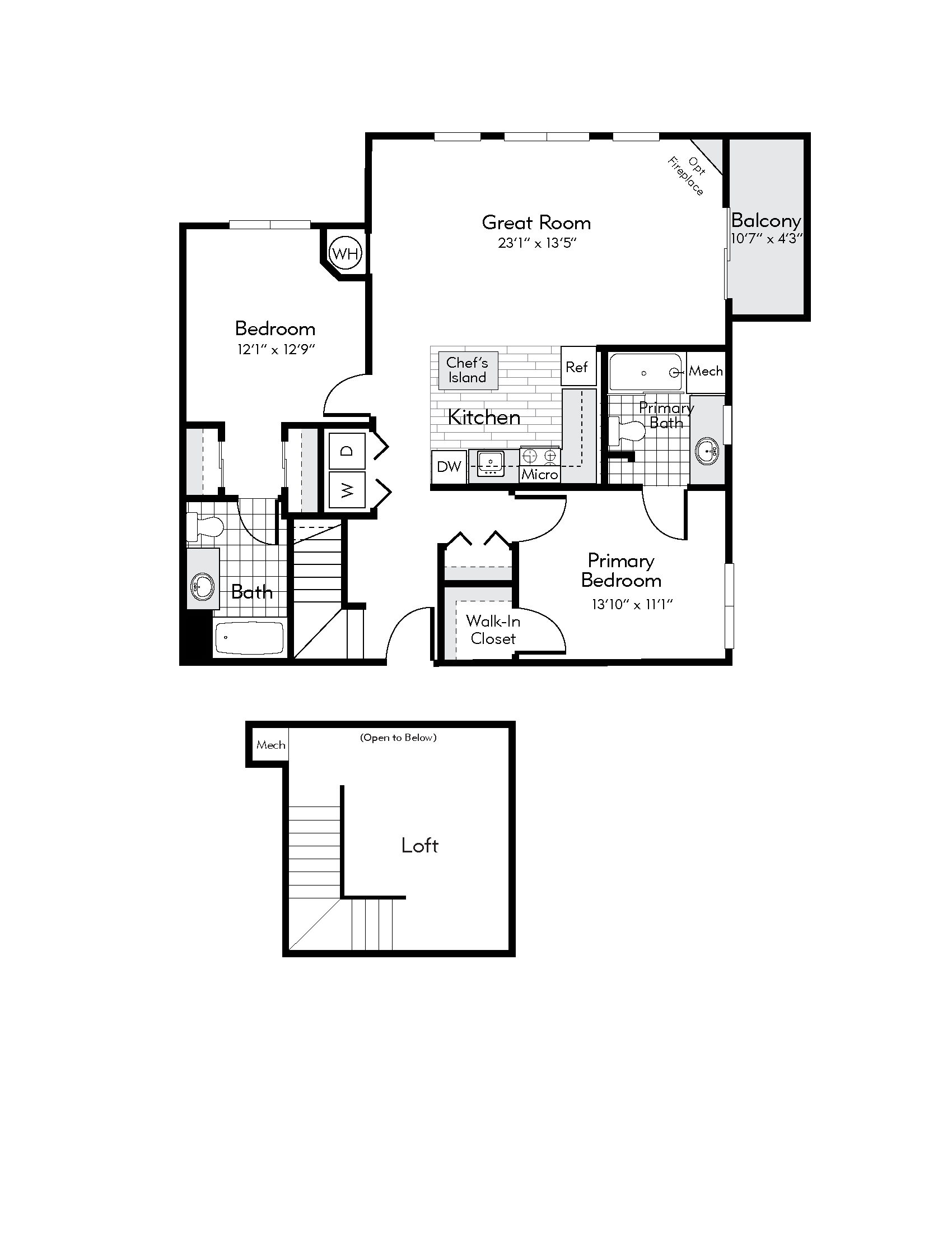a floor plan of a 2 bedroom loft apartment
